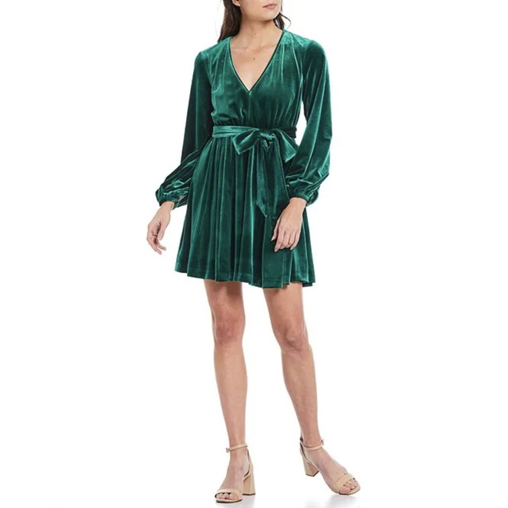 Belle Badgley Mischka Harmony Long Sleeve Sash Belt Stretch Velvet Dress
